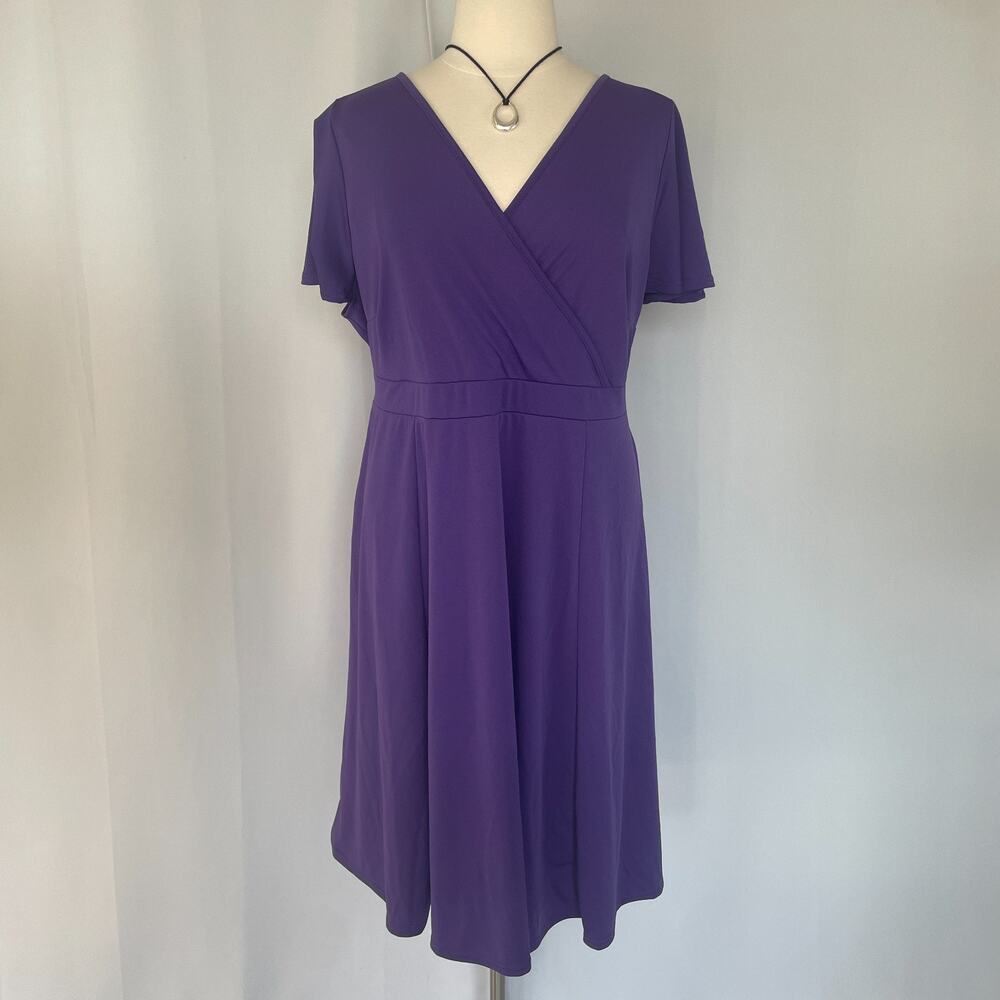 Faux Wrap Dress Plus Size 4X Purple Solid A Line Stretch Office Casual Minimal